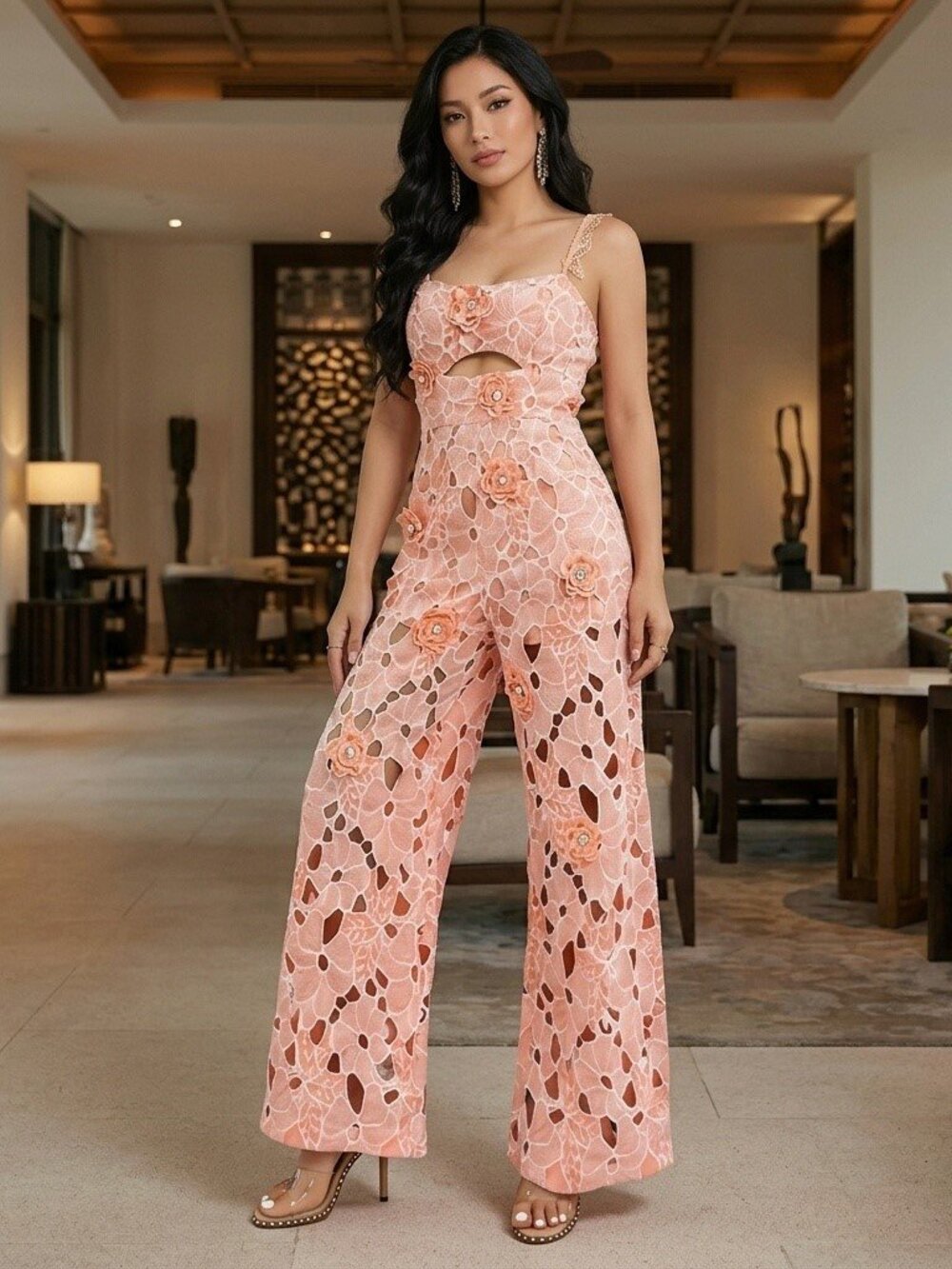 Floral Lace Rhinestone Embellished Jumpsuit